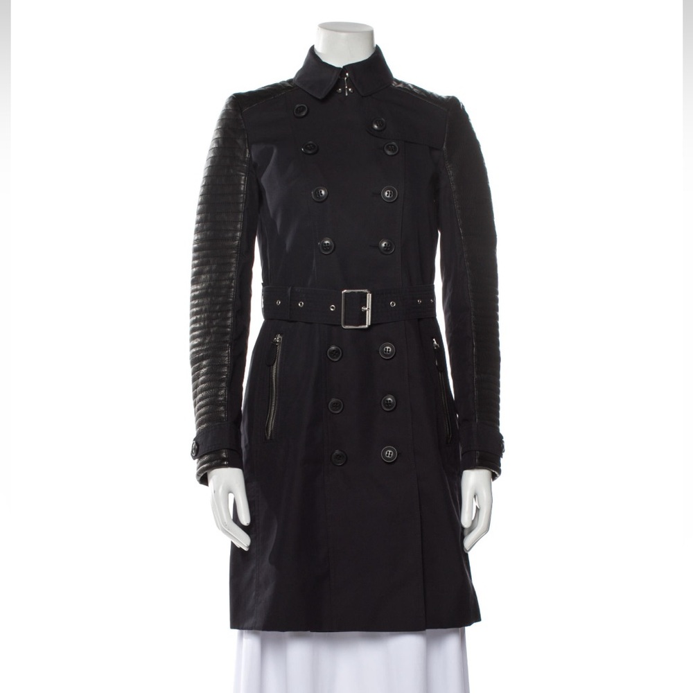 Burberry trench coat leather black sleeves and navy with garment bag
